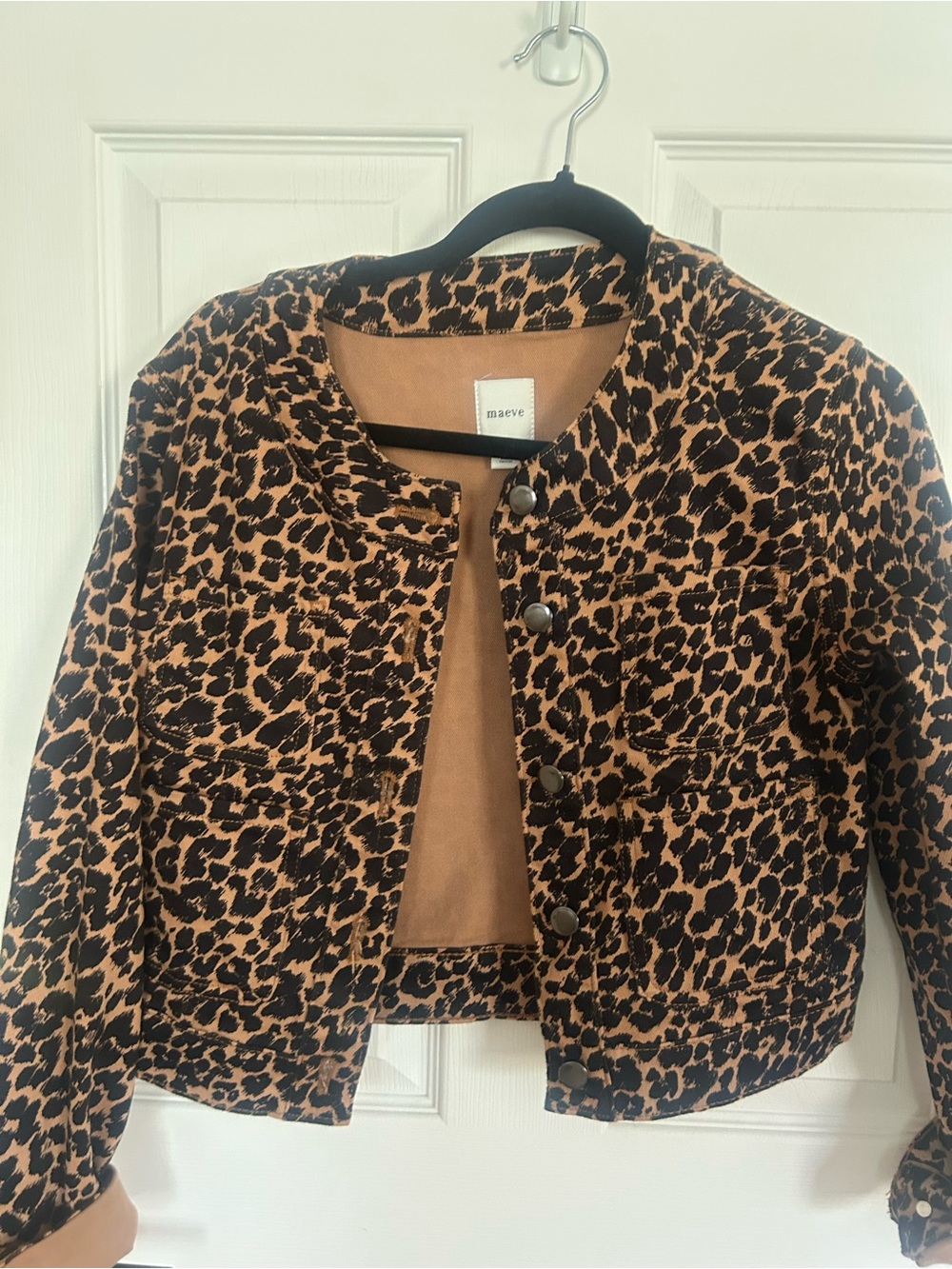 Maeve Leopard-Print Cropped Jacket - Brown and Black